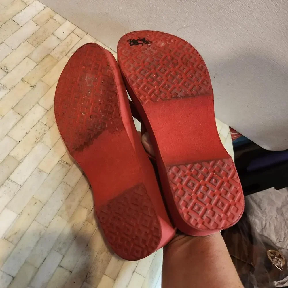 Tory Burch navy and red striped rubber wedge flip-flop sandals